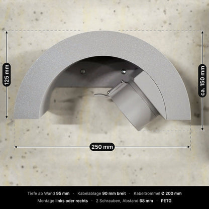 Masse des Kabelhalters Seitlich: 250 mm breit, 125 mm hoch, mit Stecker ca. 150 mm, Tiefe ab Wand 95 mm